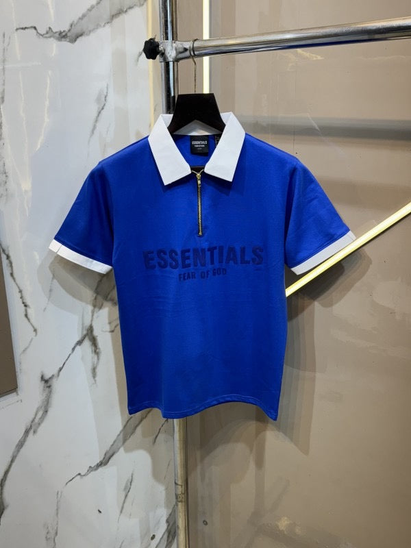 ESSENTIAL BLUE IMPORTED FABRIC FRONT AND BACK EMBOSSED PRINTED ZIPPER POLO T SHIRT