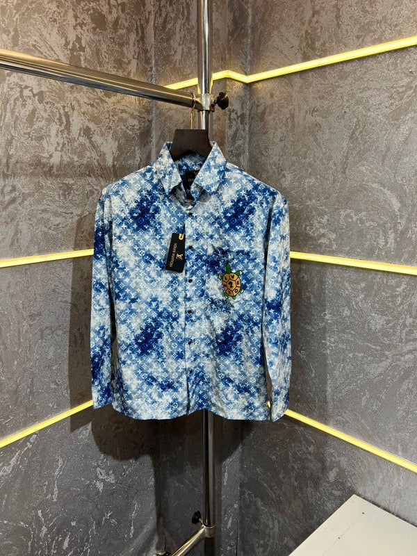 LOUIS VUITTON BLUE LYCRA FABRIC FULL MONOGRAM PRINTED HEAVY EMBROIDERY ON PACKET FULL SLEEVES SHIRT