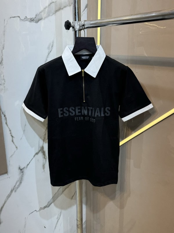 ESSENTIAL BLACK IMPORTED FABRIC FRONT AND BACK EMBOSSED PRINTED ZIPPER POLO T SHIRT