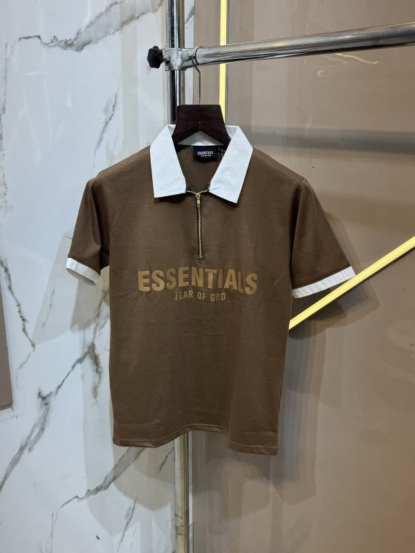 ESSENTIAL BROWN IMPORTED FABRIC FRONT AND BACK EMBOSSED PRINTED ZIPPER POLO T SHIRT