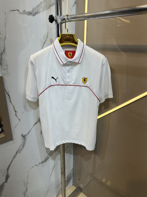 Ferrari White Cotton Lycra Fabric Premium Polo T Shirt